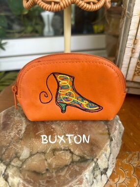 Vintage Orange Leather Coin Pouch with Embroidered Boot Motif